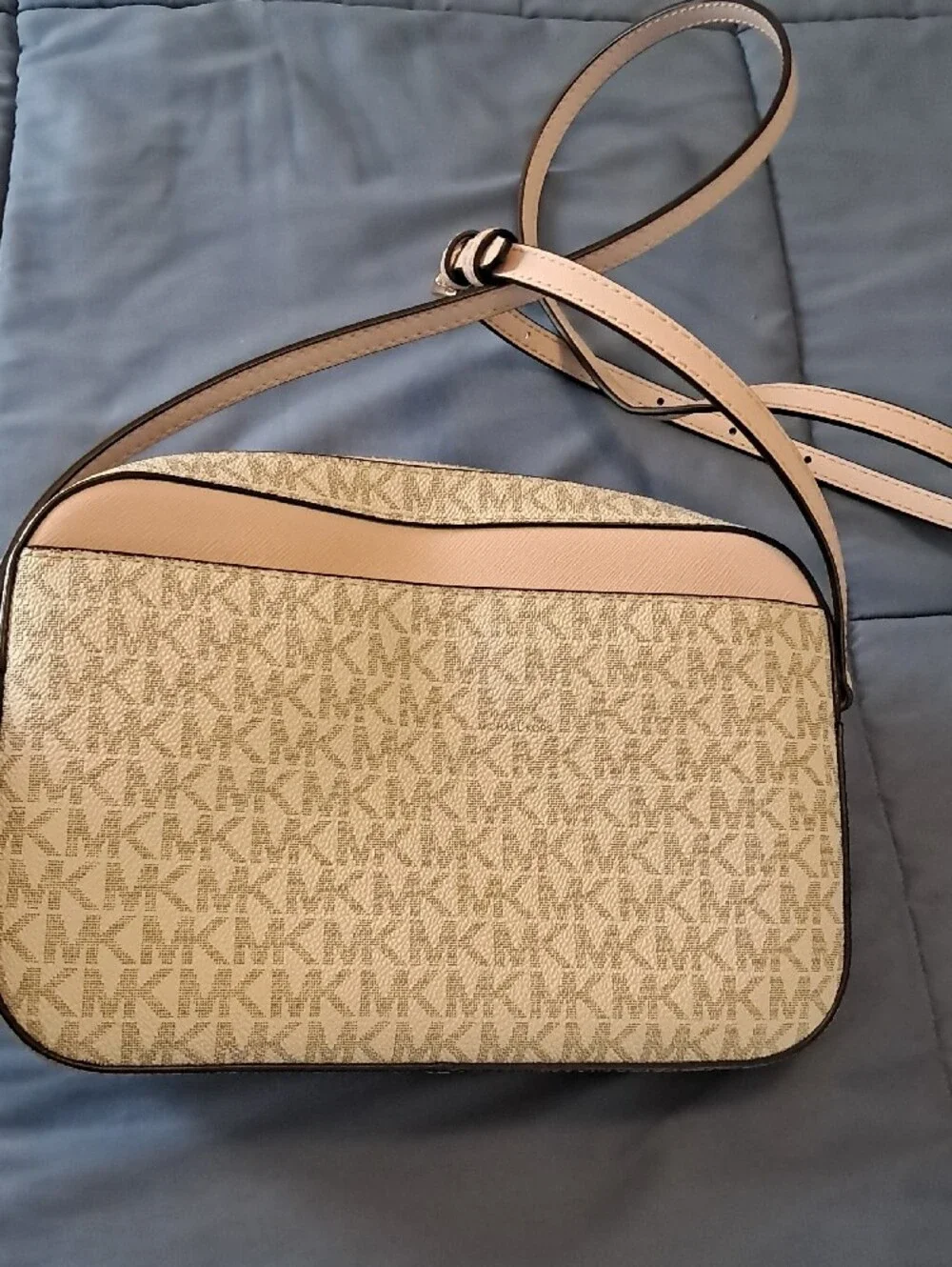 Michael Kors Beige Monogram and Pink Trim Crossbody Bag